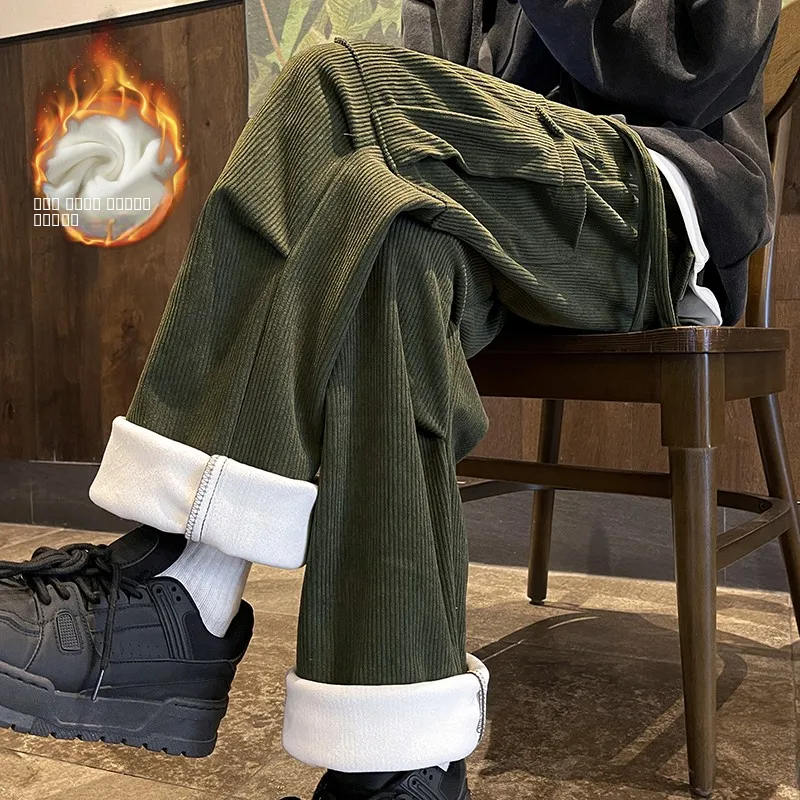 

Men's Fce Lined Work Trousers Thiened Large Size Loose Wide Leg Pants American Retro Corduroy Straight Leg Long Trousers