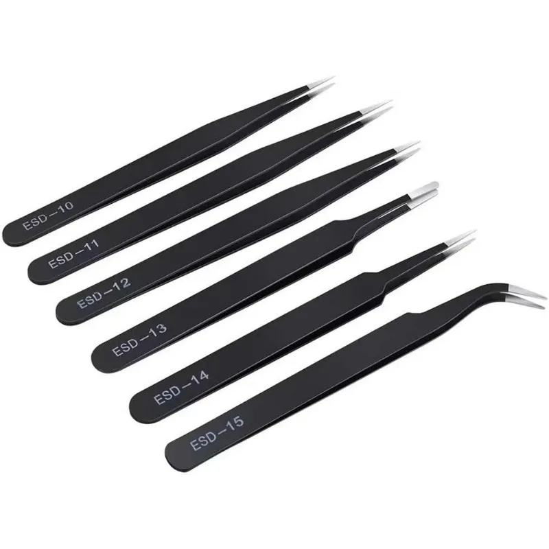 For 6pcs Precision Long Tweezers Set ESD Anti-Static Stainless SteelTweezers Repair Tools For Electronics Repair Soldering Craft