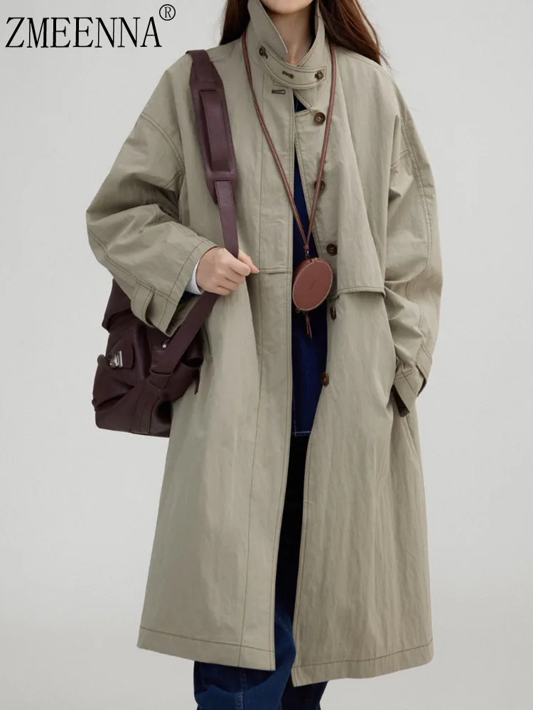 

ZMEENNA Women's Casual Stand Collar Long Windbreaker Jacket Solid Color Oversized Fit Lightweight Outerwear With Pockets ZM3781