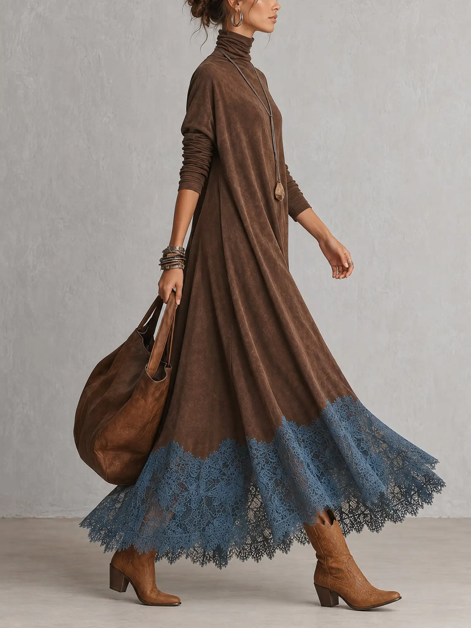 Vintage Women Turtleneck Suede Maxi Dress Color Contrast Lace Hem Loose A-line Long Dress Western Style Casual Fall Winter Dress