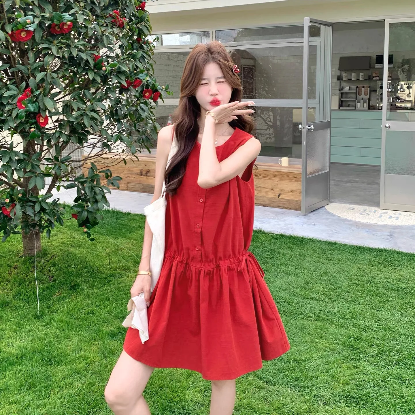 Retro Korean round Neck Red Drawstring Vest Dress Women's Summer New Design Loose Sleeveless Dress Comfortable Breathable