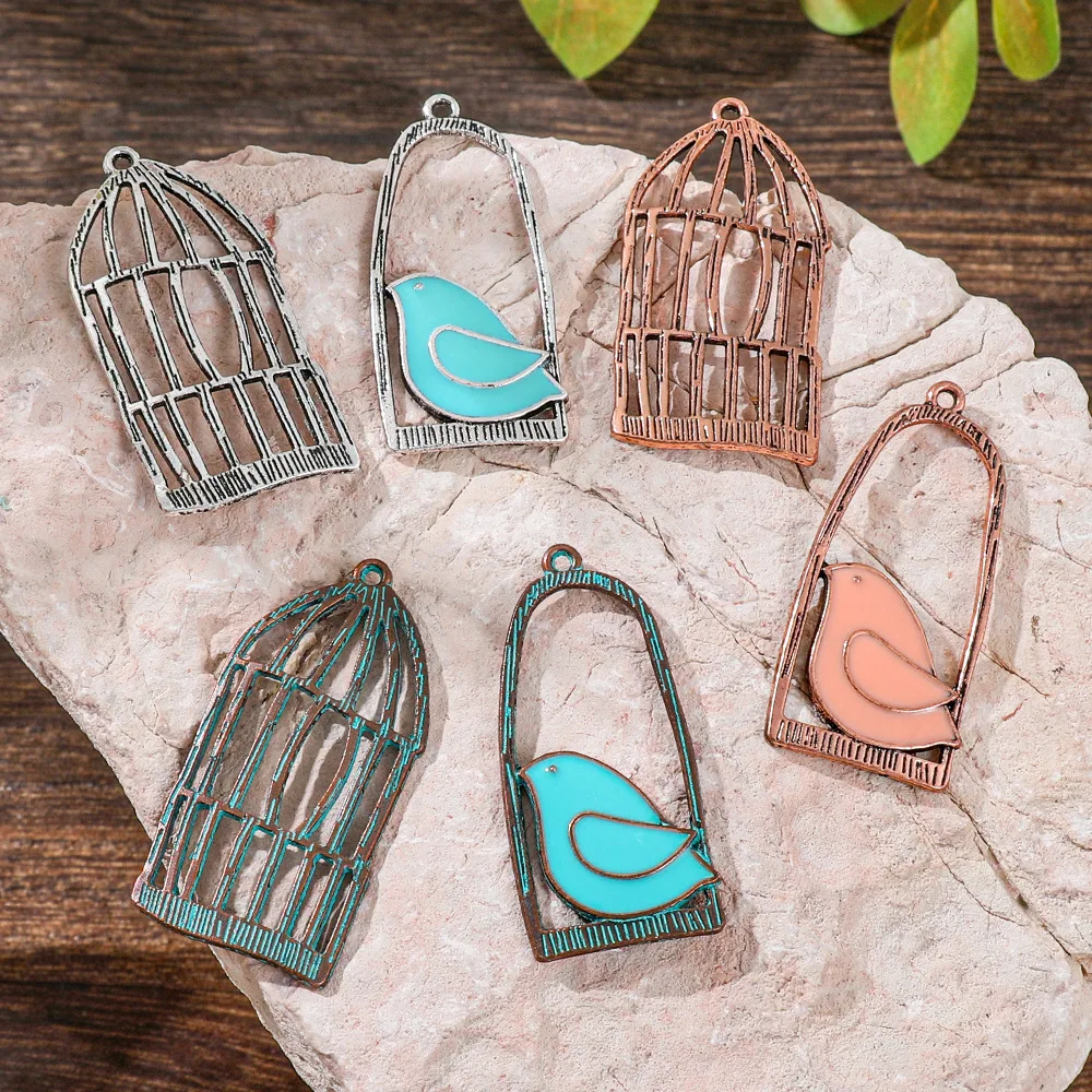 Antique Copper Silver Bronze Bird&Birdcage Pendants for Vintage Asymmetric Earrings DIY Accessories Handmade Jewelry Craft Kit