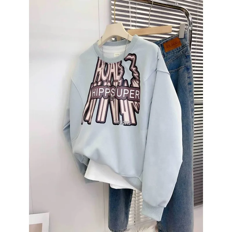 

Letter Printed Long Sleeve Pullover Round Neck Sweatshirt for Women American Chic Retro Loose Casual Top