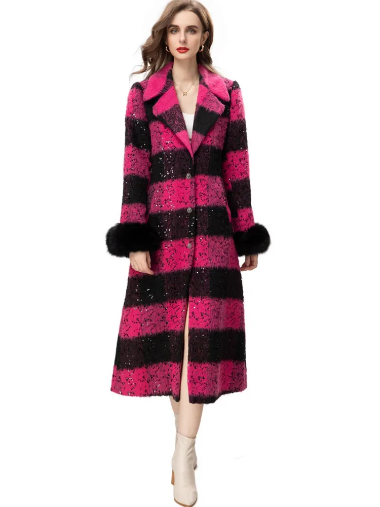 LGRQ 2024 new winter clothes women fashion turn-down collar fur long sleeves plaided woolen high waist long jacket WQ1005003