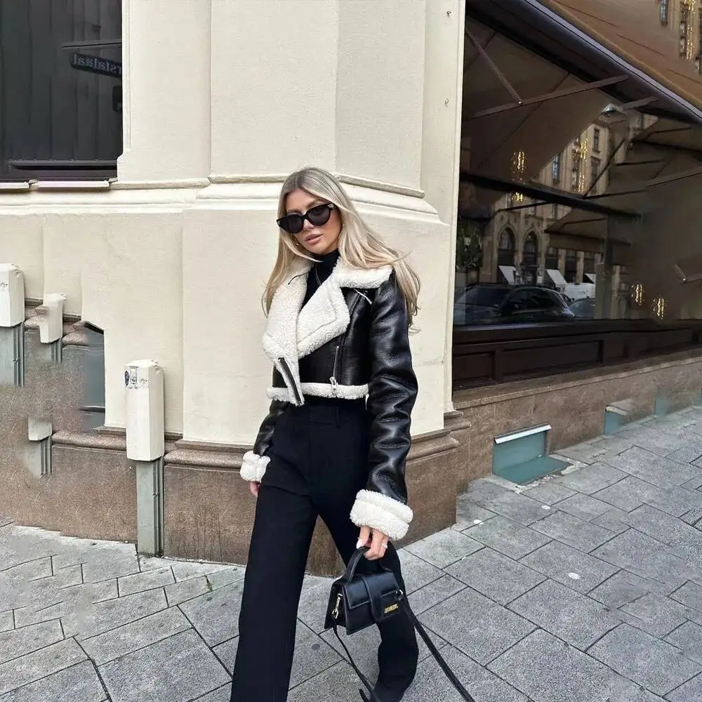 

Autumn/Winter New Style European American Double-Sided Loose Fit Zippered Cropped Women's Leather One-Piece Jacket