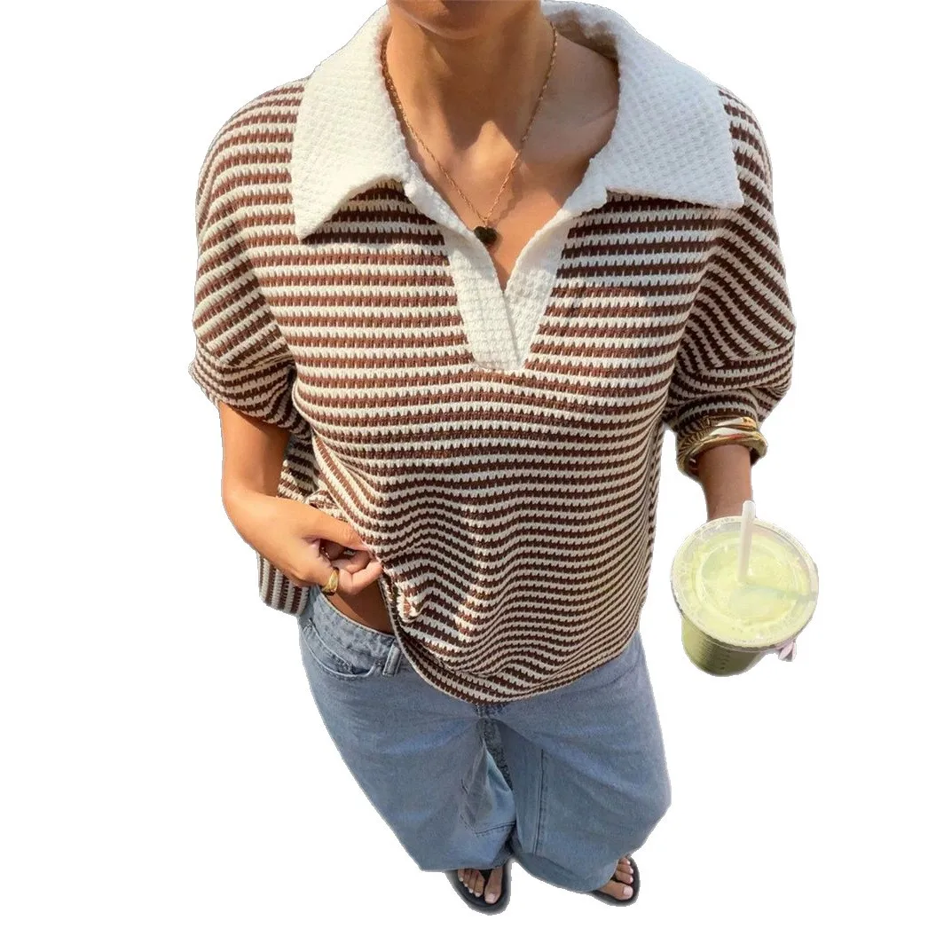 Women Striped Polo Knit Top Fashion Half Placket Short Sleeve Loose Textured Knitted Pullover Casual Basic Loose Versatile Top 6
