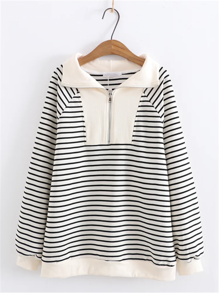 

Plus Size Women's Long-Sleeved T-Shirt With Short Zippered On The Front Striped High-Quality Cotton Loose T-Shirt For Spring