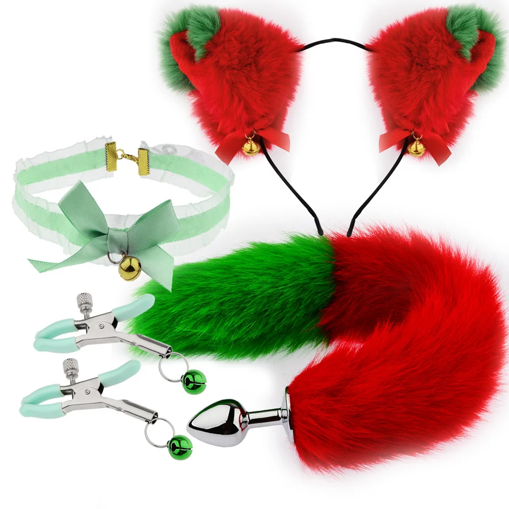 SM Stereo Ear Tail set Fun play role Play Back Court Tail Anal plug toy SM Red Green Christmas