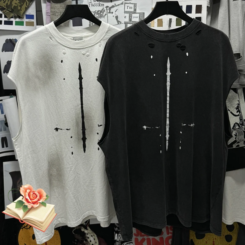 Men's Clothing Stain SAINT Splash-ink Hole Damaged Sleeveless Tank Tops Vest Men Hip Hop High Street Oversized T-shirt Clothes