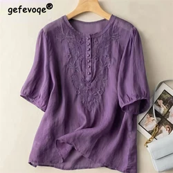 Women Clothing 2024Summer Vintage Ethnic Style Embroidery Cotton Linen Blouse Casual O Neck Short Sleeve Loose Tops Blusas Mujer