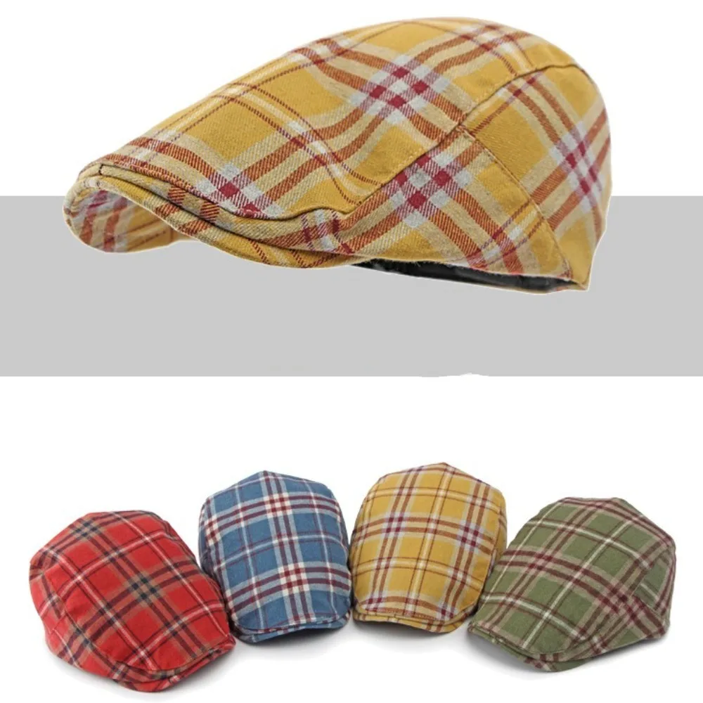 Keep Warm Vintage English Hat Large Head Girth Cool Yellow Tartan Beret Comfortable Korean Style Thick Octagonal Cap Winter