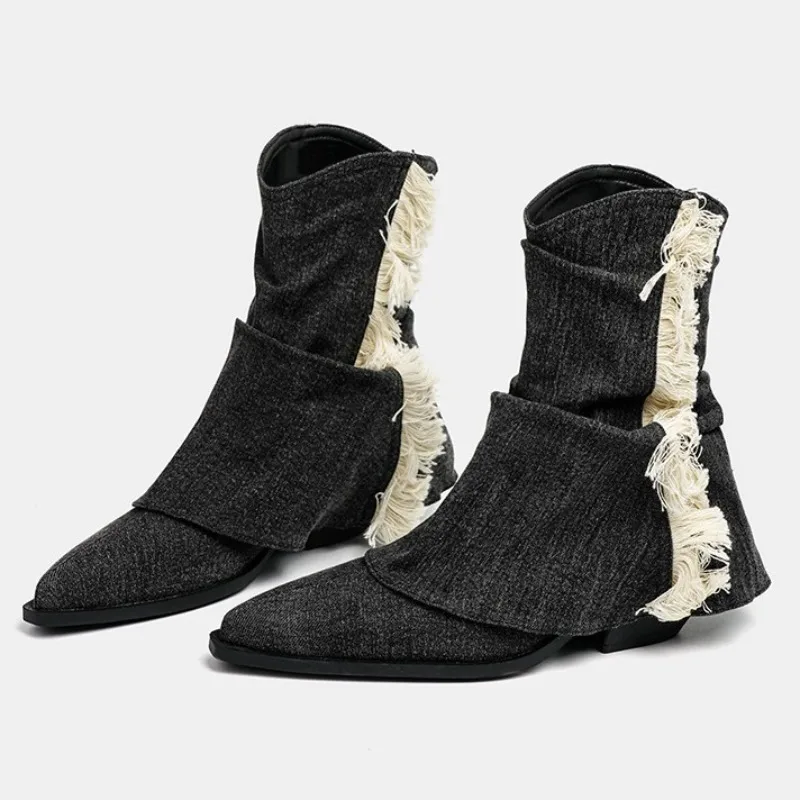 Pants Boots, Women's Tassel Retro Western Cowboy Boots, High-heeled Autumn and Winter Pointed Sleeve Stacking Boots