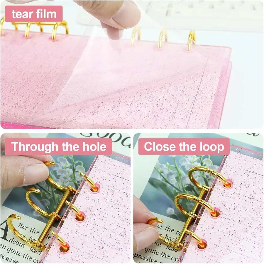 Segregator A6 z akrylu, 6-ringowy, z delikatnym brokatem, segregator na luźne kartki, planer, segregator budżetowy, 90 kartek, papier w linie, możliwość rozłożenia na płasko, Desi