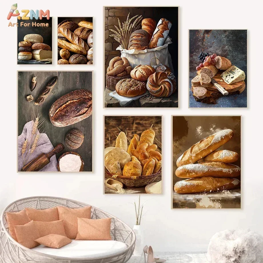 AZNM Rustic Bread Bakery Canvas Wall Art, Fresh Sourdough Baguette Wheat Still Life Print, Vintage Food Poster for Kitchen Dinin