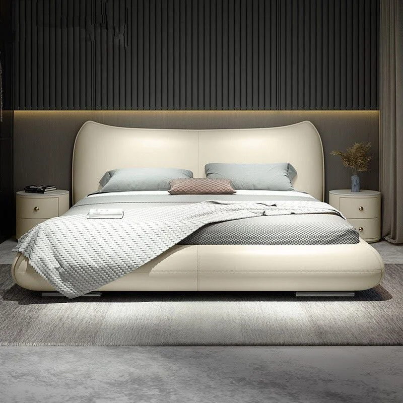 Italian minimalist leather bed wedding master bedroom big modern minimalist light luxury leather double bed