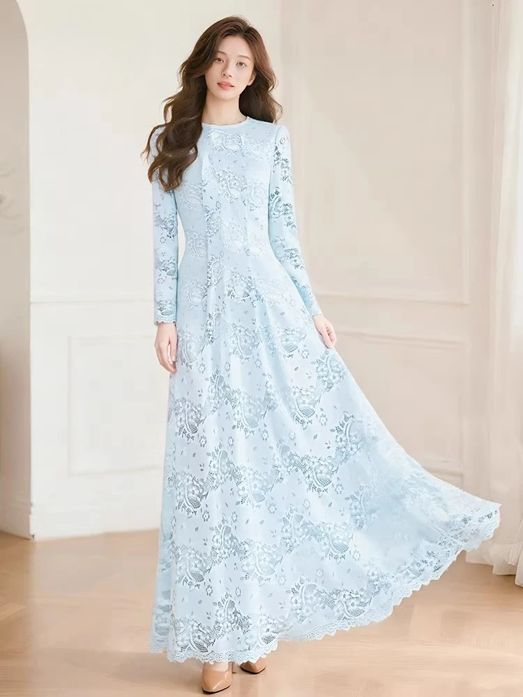 

Новое весеннее женское платье, синее, с длинными рукавами, круглым вырезом, элегантное французское кружевное длинное платье