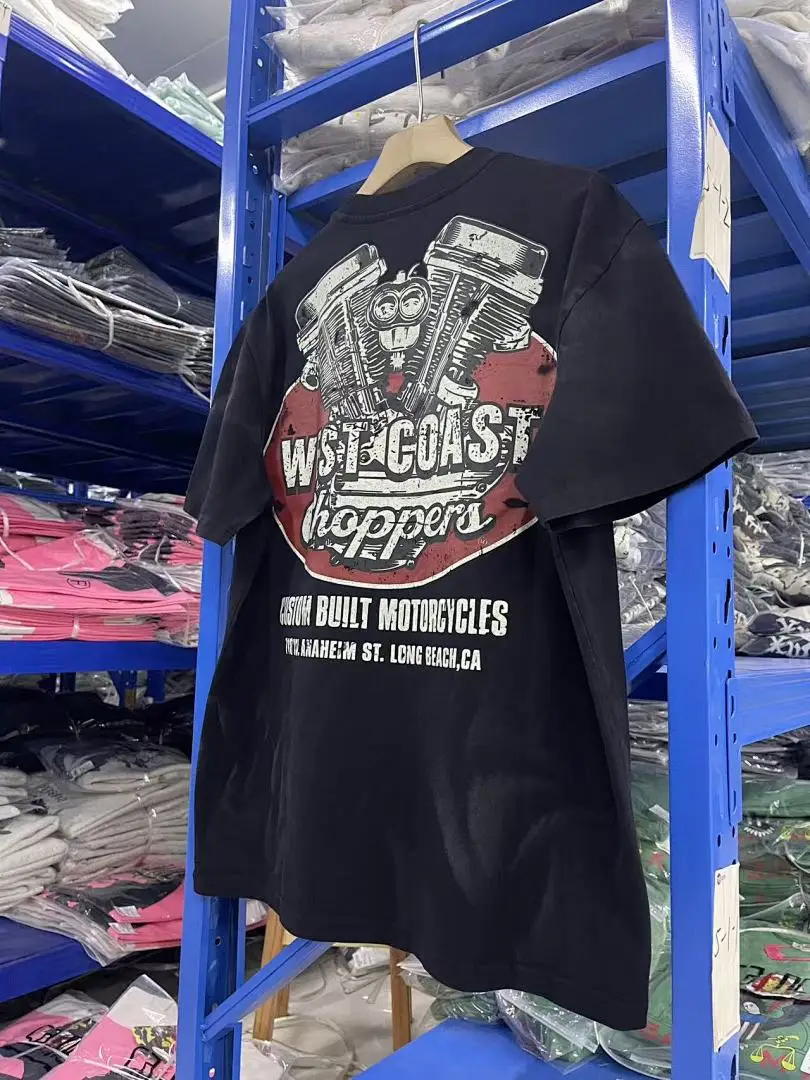 Oversized Washed Black Motorcycle Engine Double Sided Print T Shirt Men Streetwear Vintage Long Beach CA Cotton Short Sleeve Tee