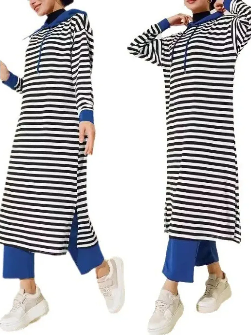 Muslim Two Piece Set Women Stripe Hooded Long Skirt Wide Leg Pants Suit Ramadan Morocco Dubai Casual Ensemble Arabic Outfits