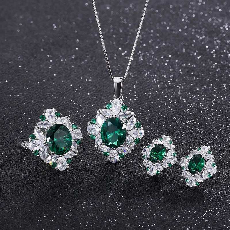 

Vintage Jewelry Necklace Long Ring Emerald Pendant Ear Studs Set Crystal Luxury 925 Sterling Silver Wedding Gift To Girlfriend