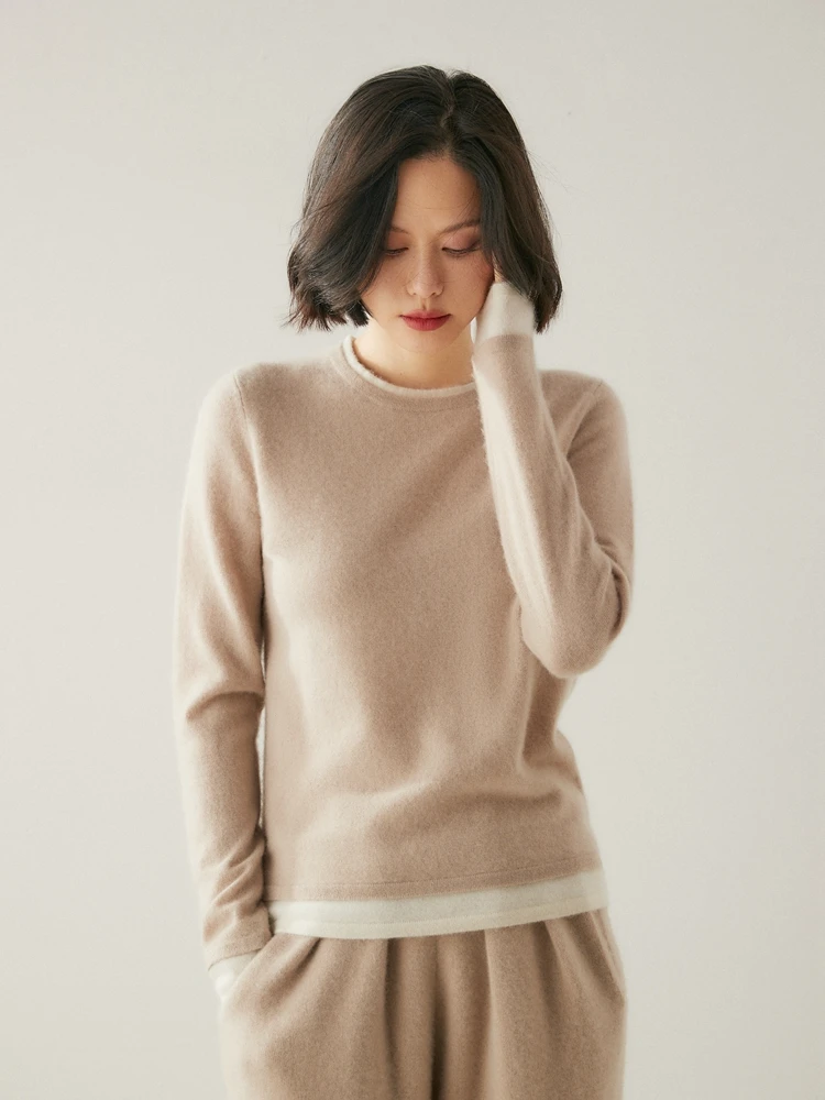 Suéter falso de dos mujeres de alta calidad, jersey con cuello redondo, 100% de punto de Cachemira, Otoño Invierno, ropa Popular Coreana suave básica, Tops