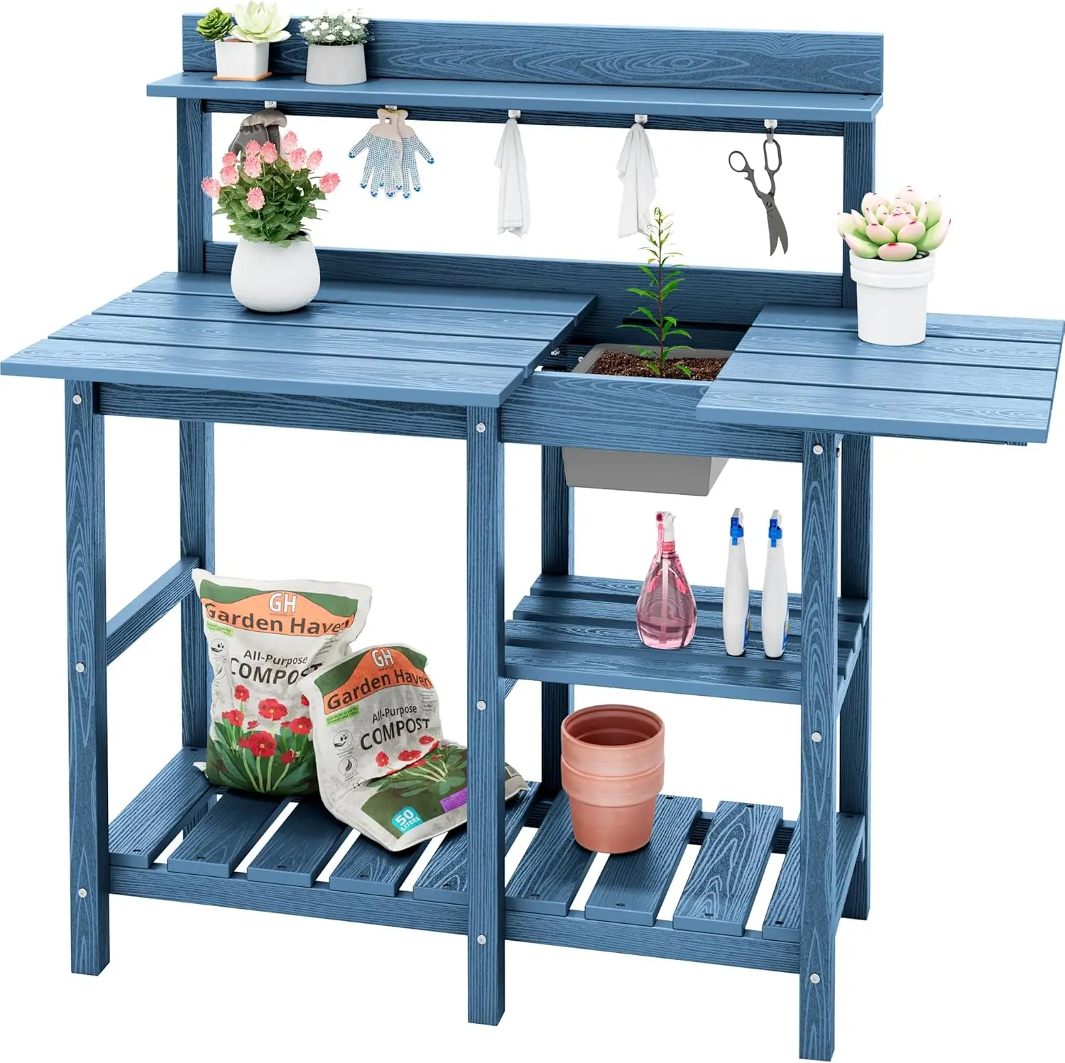 

Potting Table Outdoor Potting Bench with Sink, HDPE Potting Benches for Outside All Weather Use- Blue