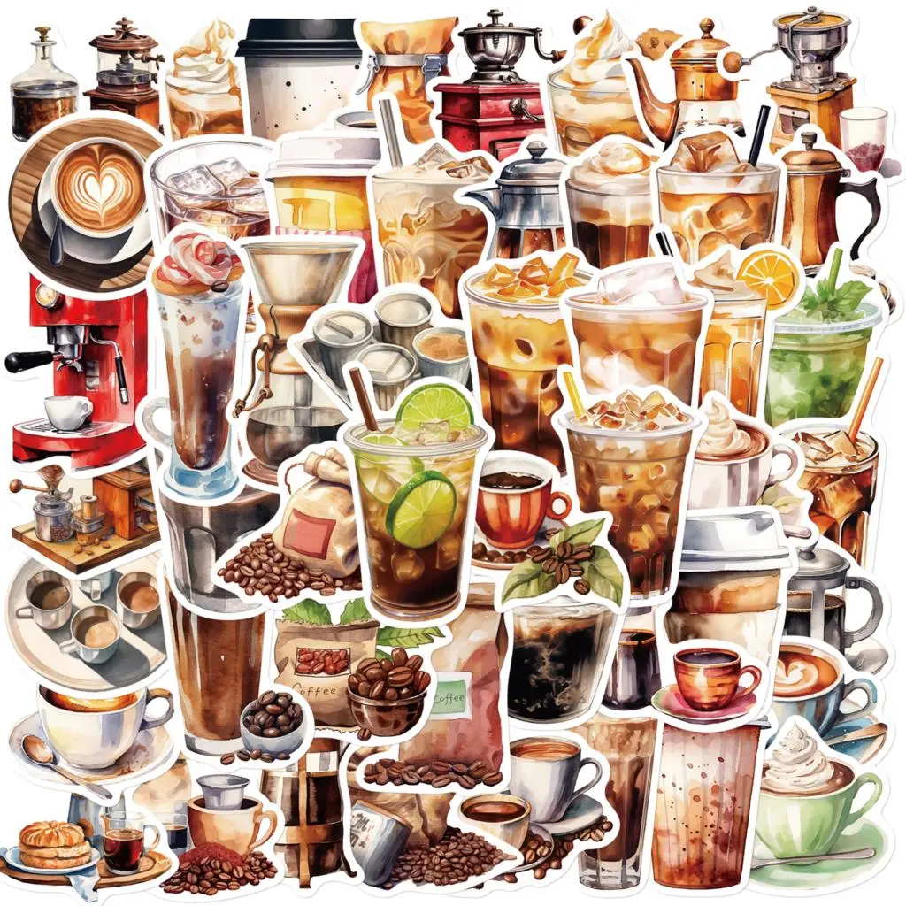 50PCS Coffee Lover Art Sticker DIY Notebook Handbook Luggage Computer Decoration Graffiti Waterproof Sticker Wholesale