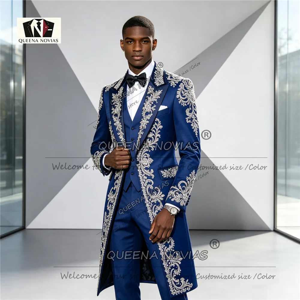 Exclusive Solid Long Suit For Man Beadwork Stones Sequin Prom Blazer Oversize Customized Groom Dinner Party Tuxedo Customized