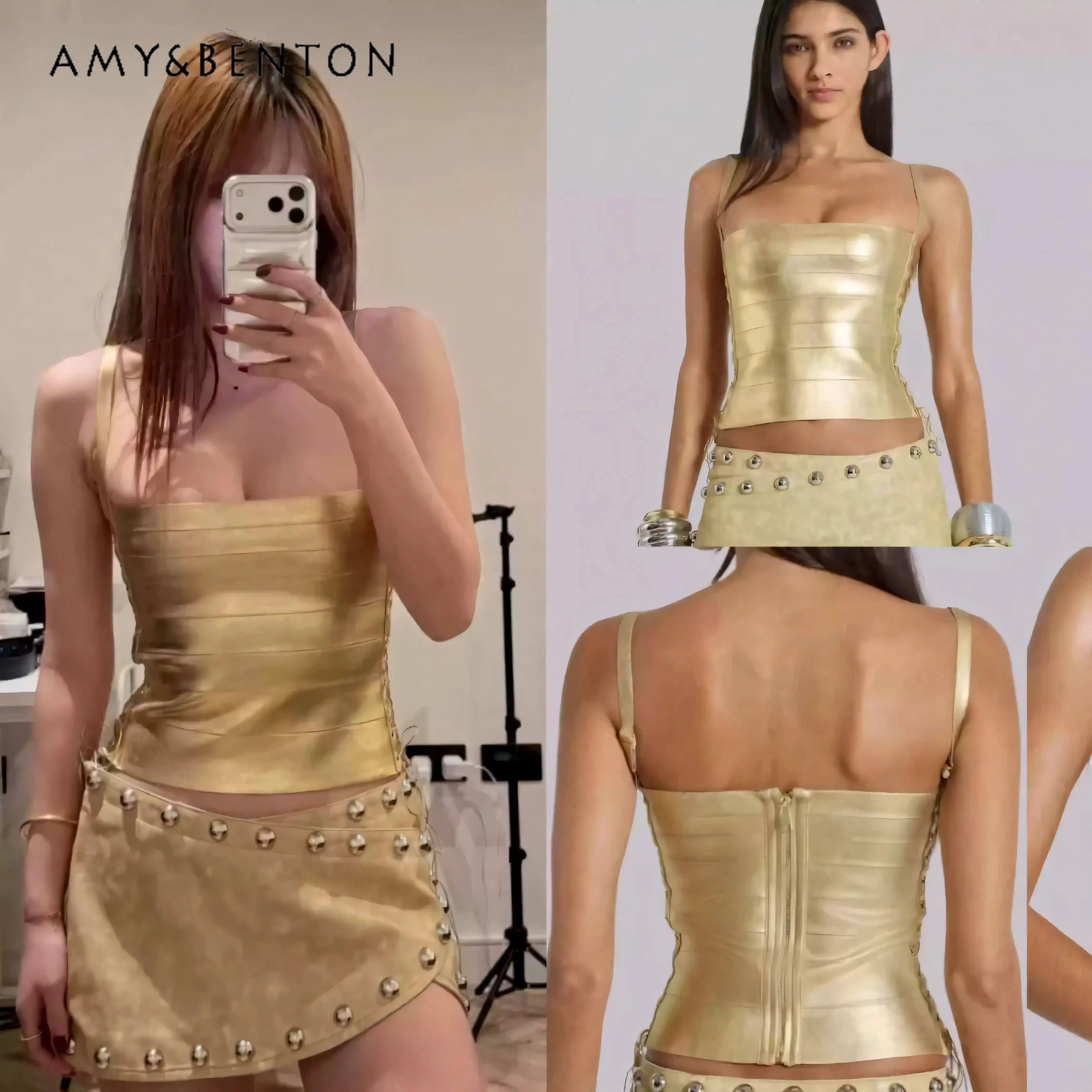 

2026 Summer New European and American Style Sexy Hot Girl Side Cross-lace Tight Cropped Short Gold Camisole Top