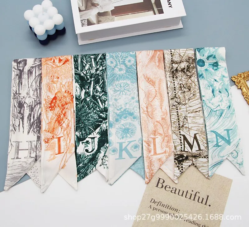 Long All-Match Silk Scarf Hair Band Bow 26 Letters Floral Ribbon Tied Bag Hand Gift Silk Scarf Streamers