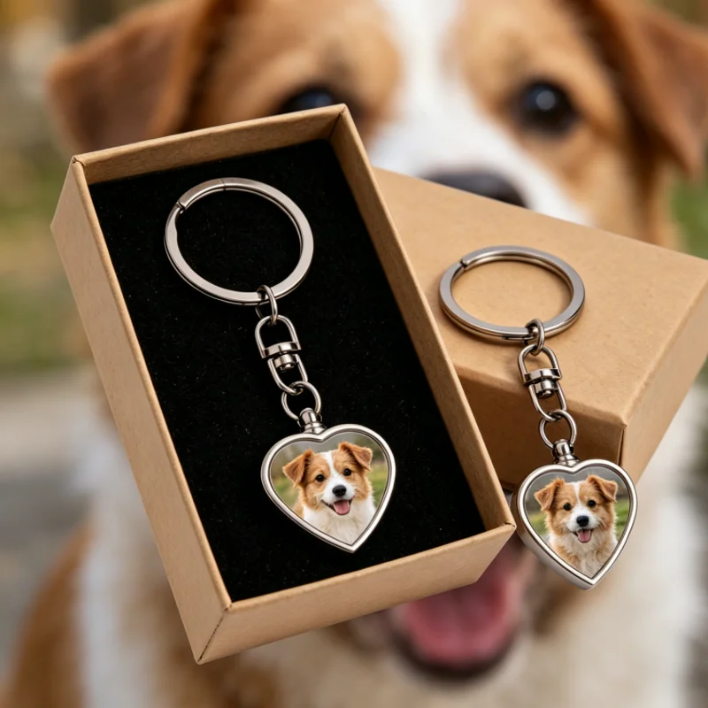 Personalised Custom Photo Pet Memorial Keychain - Heart-Shaped Metal Ashes Pendant with Photo Display, Personalised Pet Memento