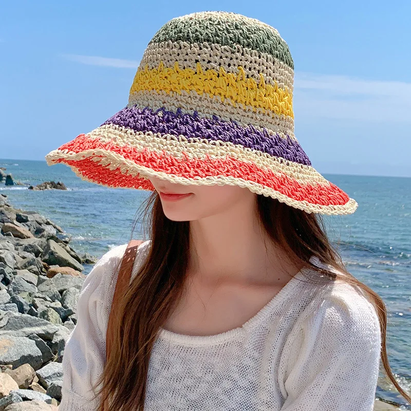 Sombrero de paja de arcoíris para mujer, visera de sol hecha a mano de ganchillo, sombreros de cubo de ala grande, sombrero de sol de playa para