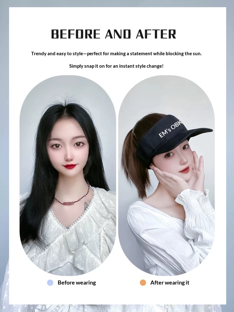 Synthetic Hair Extensions Ladies Straight Ponytail Wigs Hat Connected Head Cover Peaked Cap Visor Wig For Women Use Spring Summe
