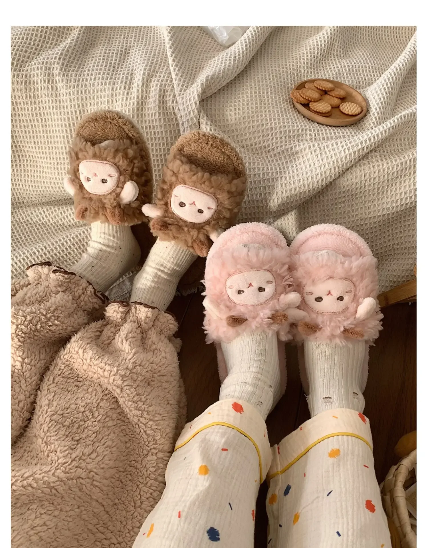 Women Home Cotton Slippers Indoor House Shoes Warm Plush Slipper Cute Fluffy Fur Sheep Plush Slippers Couple Cotton Slippers