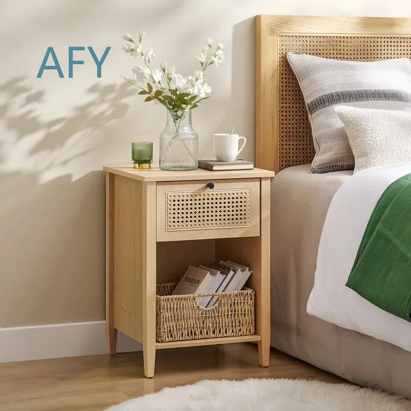 Modern Rattan Log Style Single Drawer Bedside Table for Bedroom Living Room Side Cabinet Storage Furniture Minimalist Home