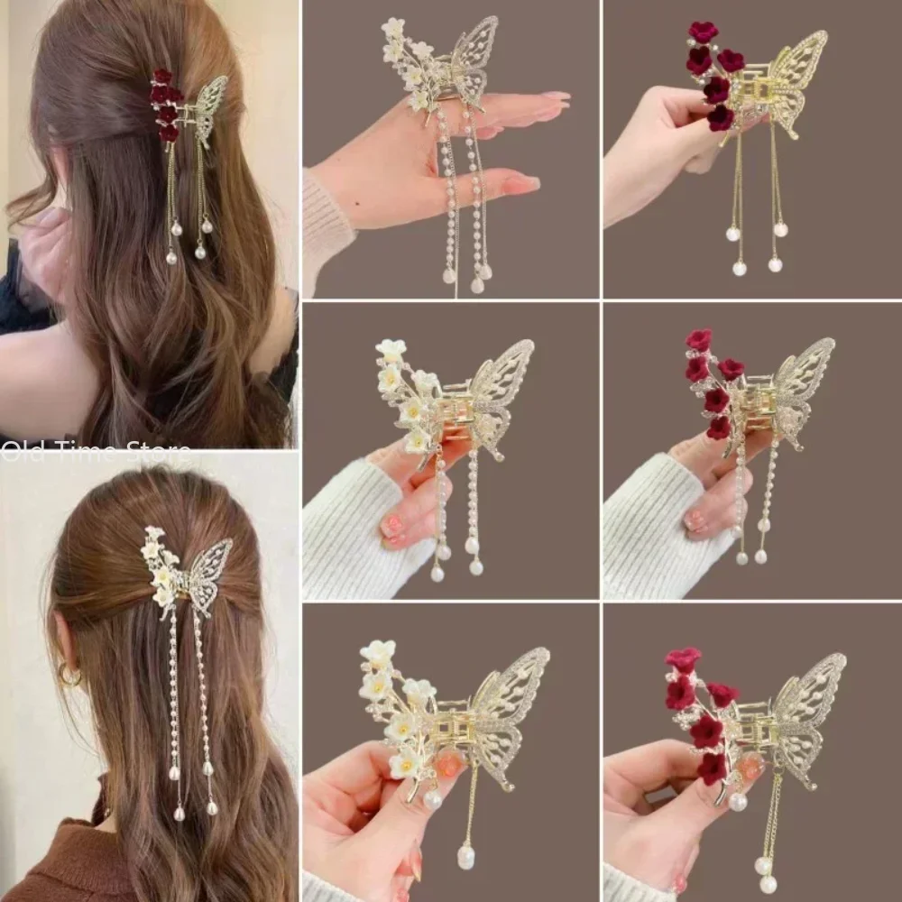 Butterfly Tassel Pearl Hair Claw Red Flower Festival Hairpin for Girls Ponytail Hair Clips Crab Women Fashion Accessories Gifts