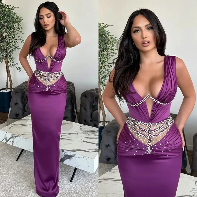 Robe de soirée violette sexy avec col en V et taille perlée, robe de Rhformelle, robe longue avec plis, robe de tapis rouge pour occasions spéciales