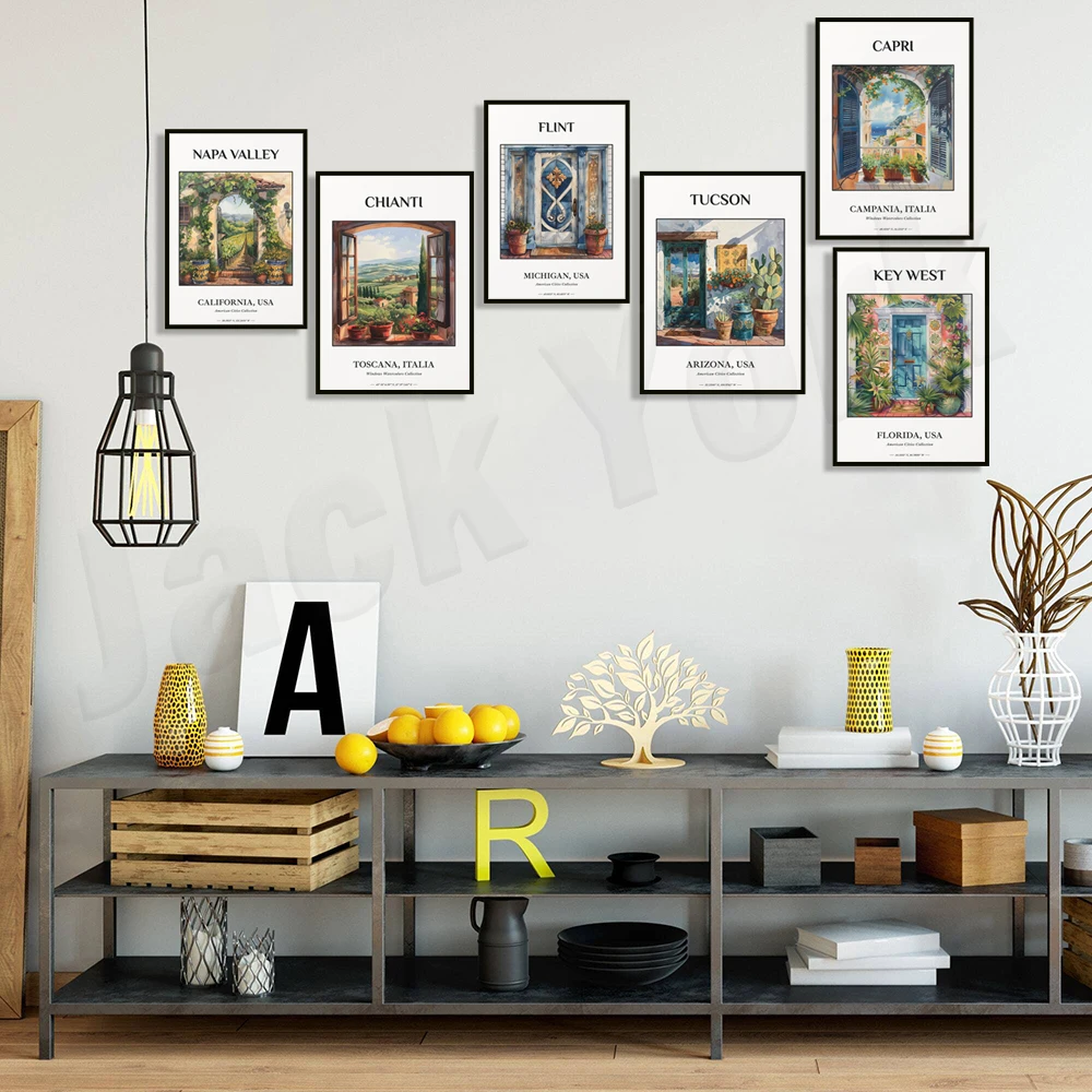 كابري ، مفتاح الغرب ، ميلواكي ، نابلز فلوريدا ، تروبيا ، توسكانا إيطاليا ، بروفانس بلاط ملصقات طباعة للسفر ، رسم توضيحي للنافذة