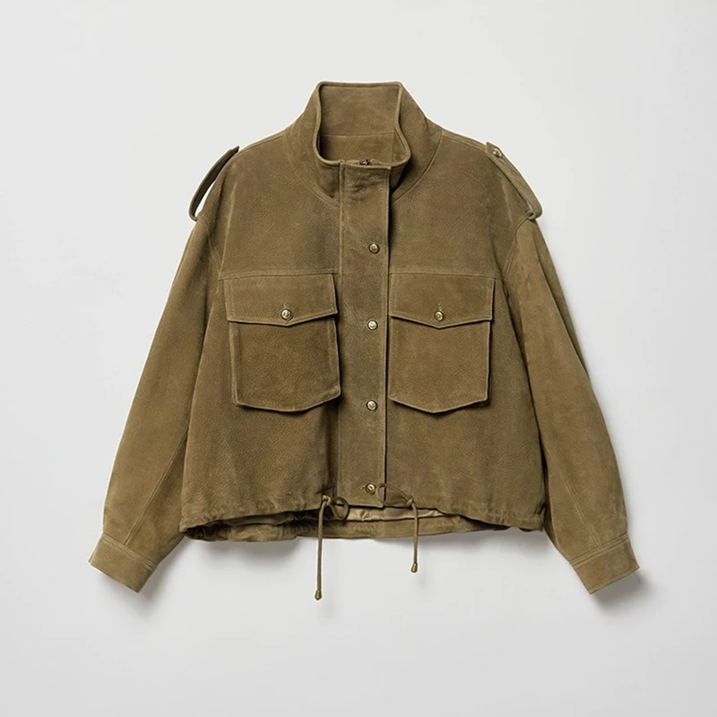 100% vera pelle da donna colletto alla coreana pelle di pecora smerigliata giacche corte tasche stile safari manica lunga con coulisse giacche Femme