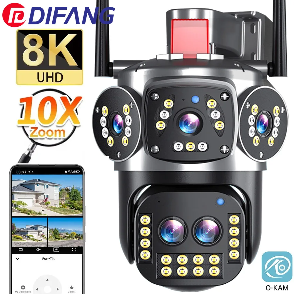 

8K WIFI IP Camera Outdoor 10X Optical Zoom Automatic Tracking PTZ 15MP Four Lens Three Screen Waterproof Security Camera IP CCTV