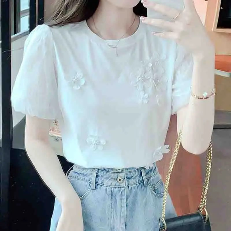 New Sweet Woman Tops Cotton Short Sleeve Women\'s T-shirts Floral Women Clothes Casual Summer White Bottoming Women Tshirts 8542