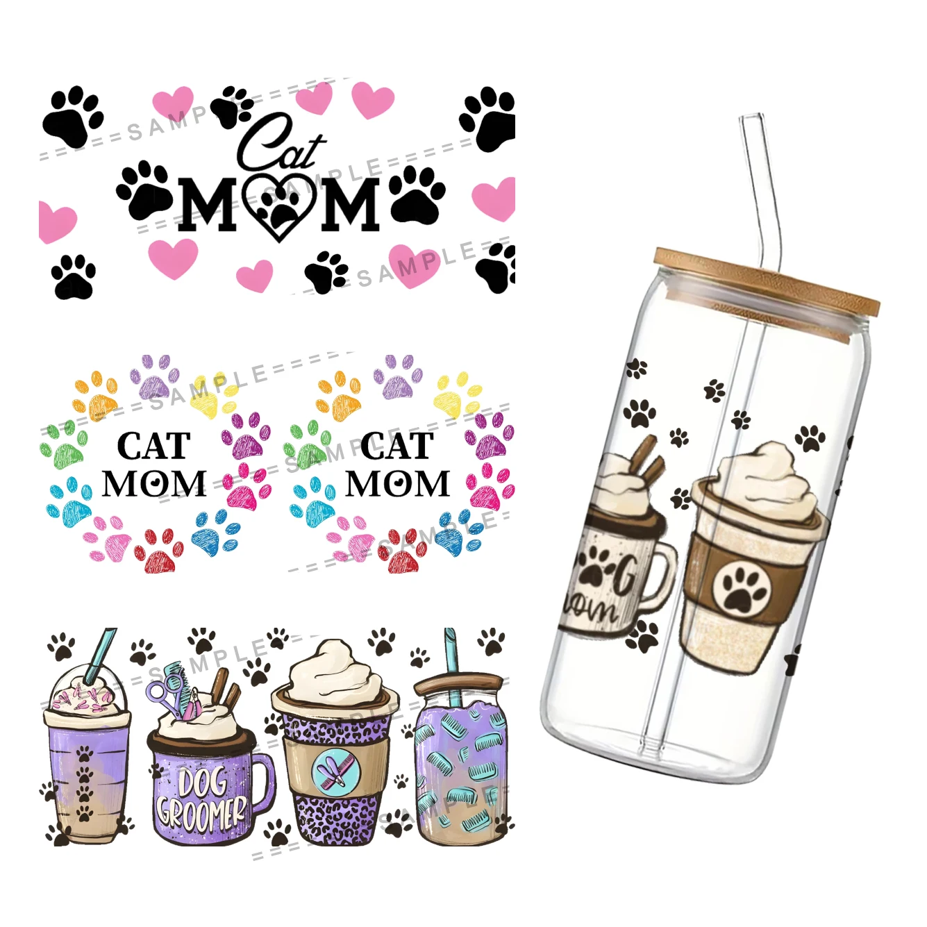 Pets Cats Dogs Pattern Waterproof Decal UV DTF Cup Wrap 16oz For Libbey Glass Permanent Adhesive Ready To Apply No Heat Needed