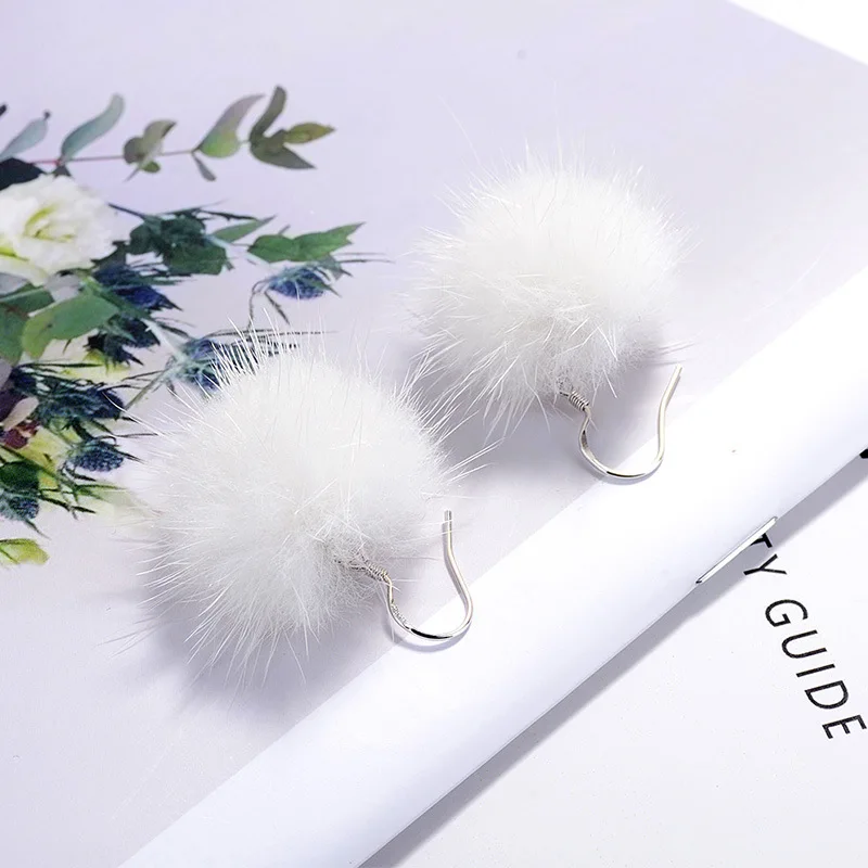 1Pair Mink Hair Fur DIY Pompom Ball Beads Earrings For Women Girl Drop Dangle Earrings Jewelry Accessories Party Dress Up