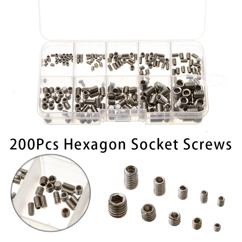 200pcs Socket Head Hex Set Screw Assortment Kit Grub Screw Cup 304 Stainless Steel- Metric M3 M4 M5 M6 M8 Point Grub Screw Set