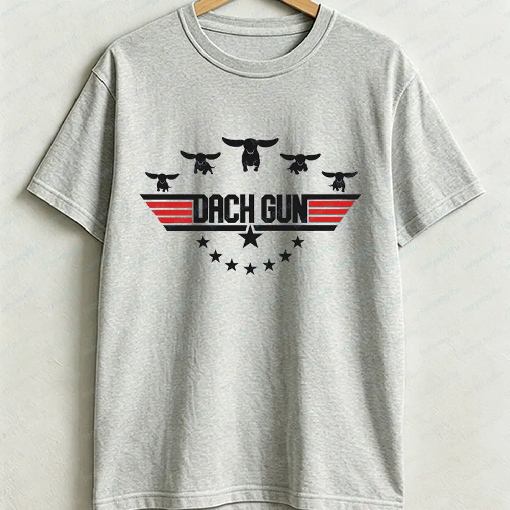 Dog Dachshund Cotton T-Shirt Vintage Dog Lover Shirt Gift for Him Gun Parody Wiener Mom Dad Gift Fathers Mothers Day Casual Tops