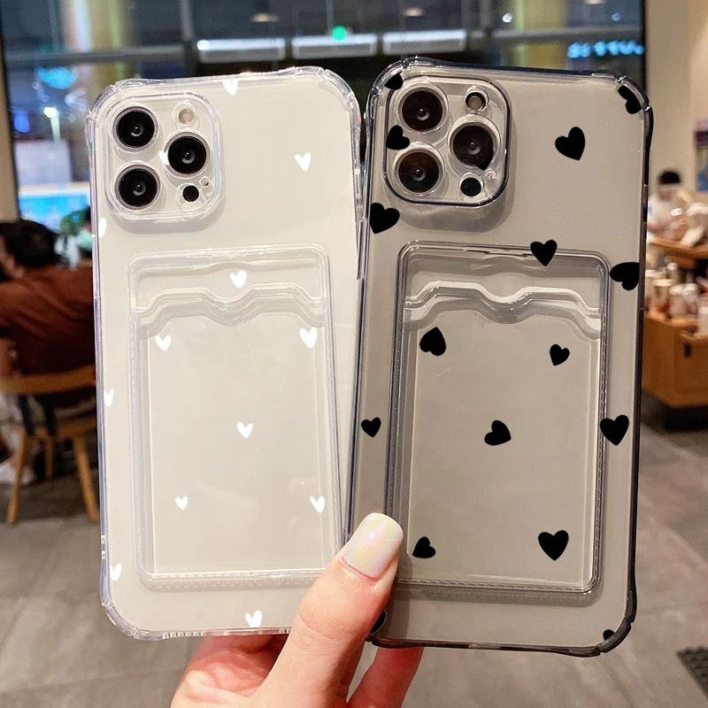 Hülle für iPhone 18 17 16 15 14 13 12 11 Pro Max Schwarz Weiß Herz Transparente Handyhülle für iPhone 16 Plus Brieftasche Kartenfach Hülle – Detail 2