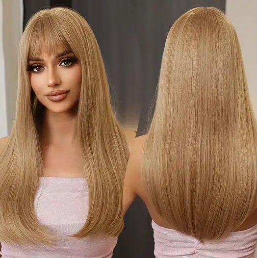 

Long Golden Dirty Blonde Straight Wig Synthetic Natural Hair Wig with Bangs for Women Cosplay Party Daily Heat Resistant Hair