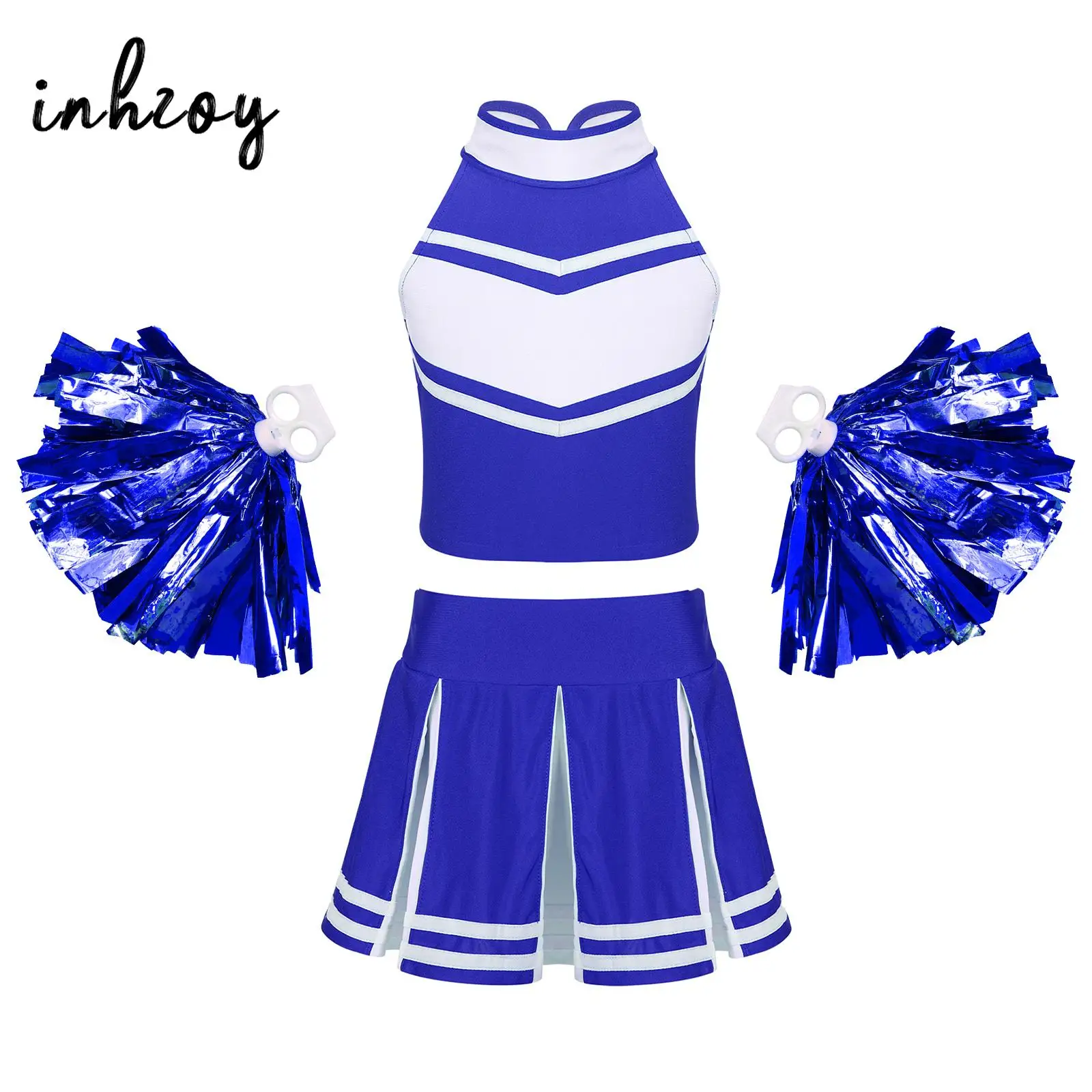 Kids Girls Cheerleader Uniform Dance Costume Cheerleading Outfits High Neck Crop Top with Pleated Skirt and Flower Balls Sets