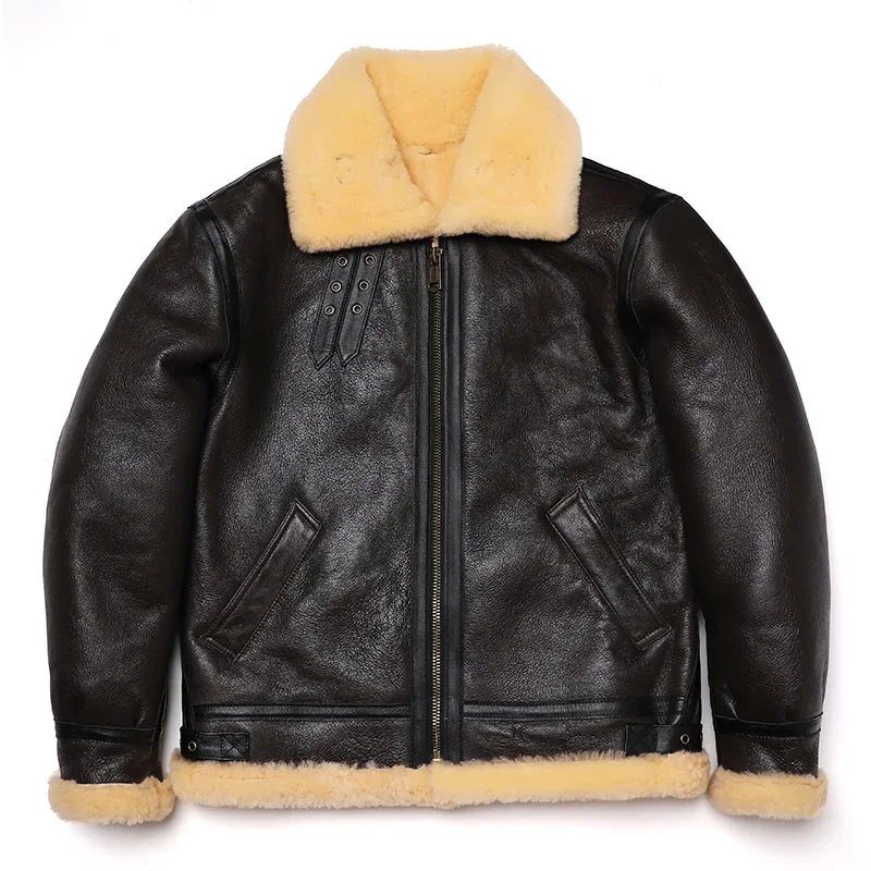 New Brown Shearling Wool Original Ecological Fur Leather Jacket Thick Sheep Clothing Male Warm Genuine Sheepskin Flight Coats