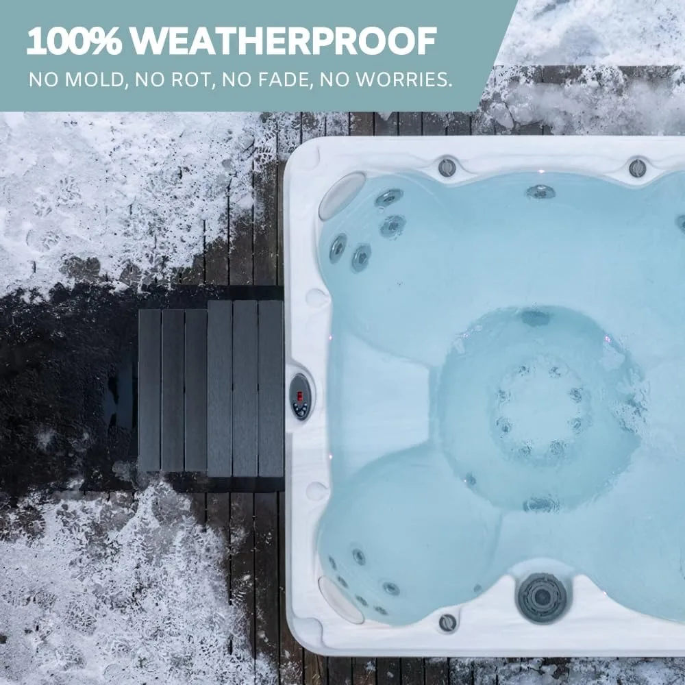 خطوات حوض الاستحمام الساخن - بلاستيك بمظهر خشبي، مقاوم للماء بنسبة 100%، رمادي غير قابل للانزلاق، سلالم سبا خارجية شديدة التحمل - متعددة الاستخدام للشرفة