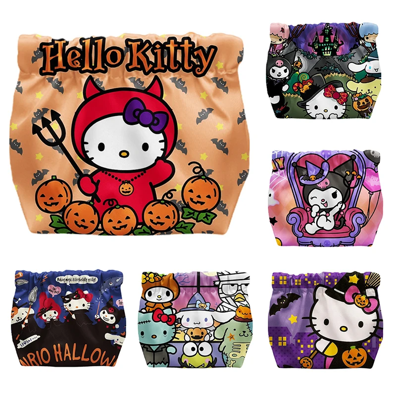 Sanrio-Bolsa de almacenamiento de maquillaje de Hello Kitty, bolsa de dulces Kawaii Cinnamoroll Kuromi, patrón de doble cara, puerto de succión magnética, Halloween